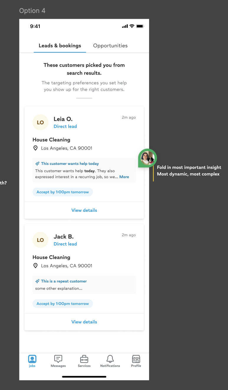 Thumbtack leads list showing the match explanation design — 'Why this job?' with a short, targeted explanation surfacing the most important insight for each lead.