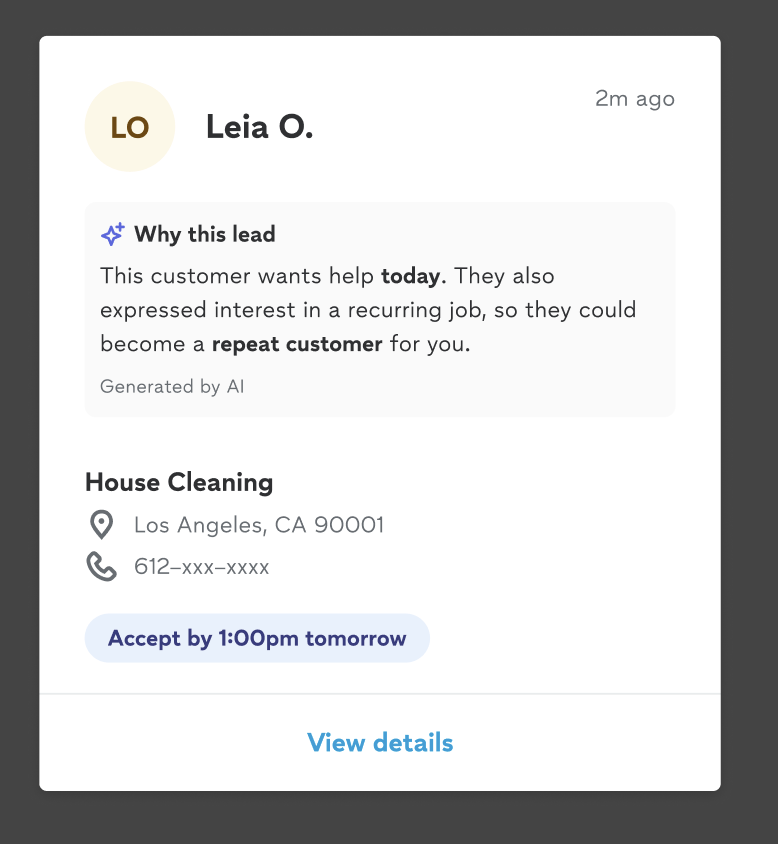 V5 model output: short, targeted, personalized explanation — 'This customer wants help today. They also expressed interest in a recurring job, so they could become a repeat customer for you.'