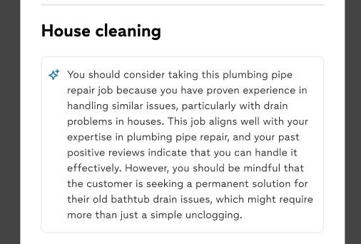 V1 model output: early 'Why this lead' explanation — verbose and overwhelming, not yet tailored to the pro's specific history or the customer's actual context